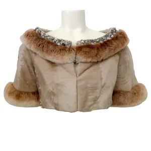 Valentino Beige Broadtail Chinchilla Cropped Jacket with Jewel Embellished Neckline