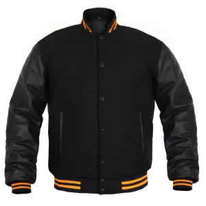 Women Jacket Wool Body Genuine Leather Arm Sleeves Baseball College Letterman Jacket All Black(Yellow Line)