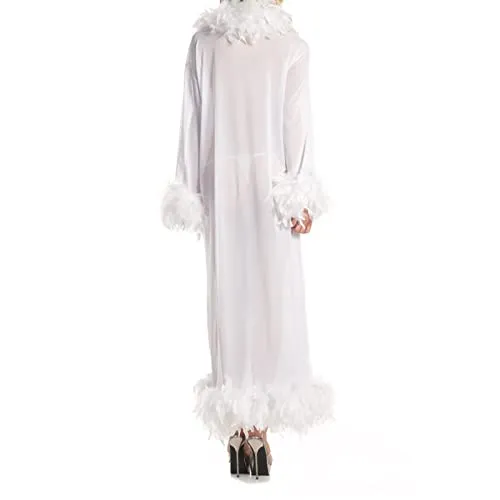 Women Pajamas Sexy Lace Mesh Feathers Patchwork Sleepwear See Through Lingerie Cardigans Velvet Perspective Maxi Robes Long Sleeve Rope Nightwear Babydoll Home Sleeping Coat