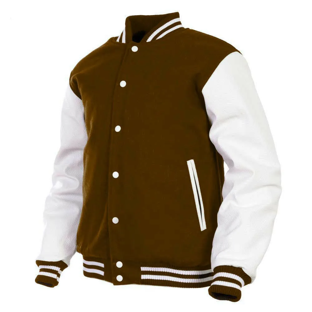 Women Varsity Jacket Wool Genuine Cowhide Leather Brown/White