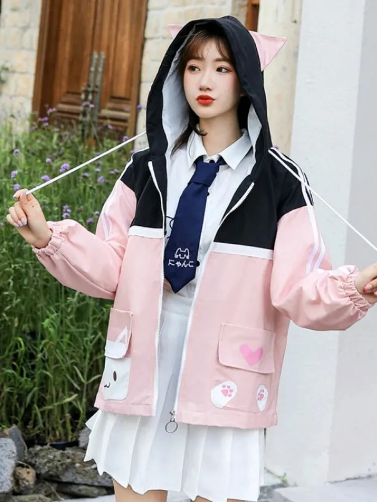 Women Zipper Hooded Jackets Coat Cartoon Print Pure Pocket Jacket Korean Style Ladies Basic Outwears Autumn Winter Clothes