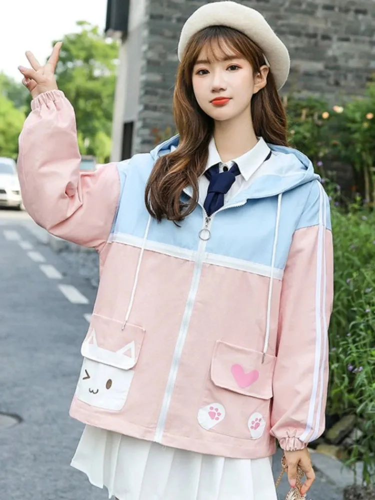 Women Zipper Hooded Jackets Coat Cartoon Print Pure Pocket Jacket Korean Style Ladies Basic Outwears Autumn Winter Clothes