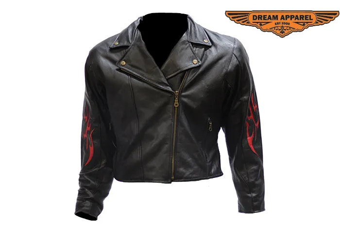 Women's Heavy Duty Leather Motorcycle Jacket With Flames